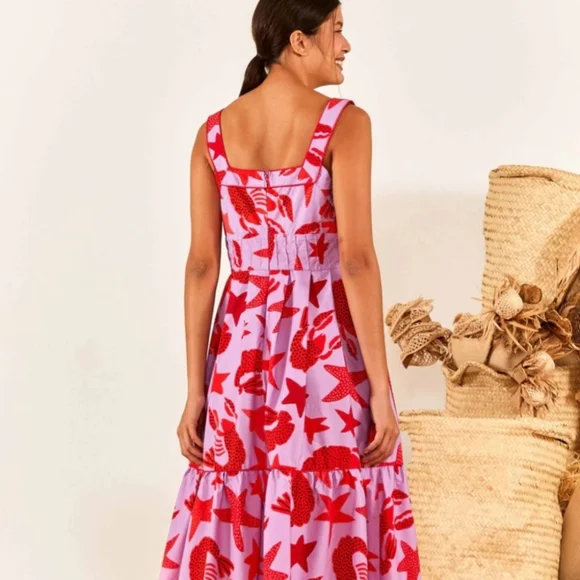 Farm Rio Lobster Midi Dress NWT Red and Pink Print Women's Dress XS